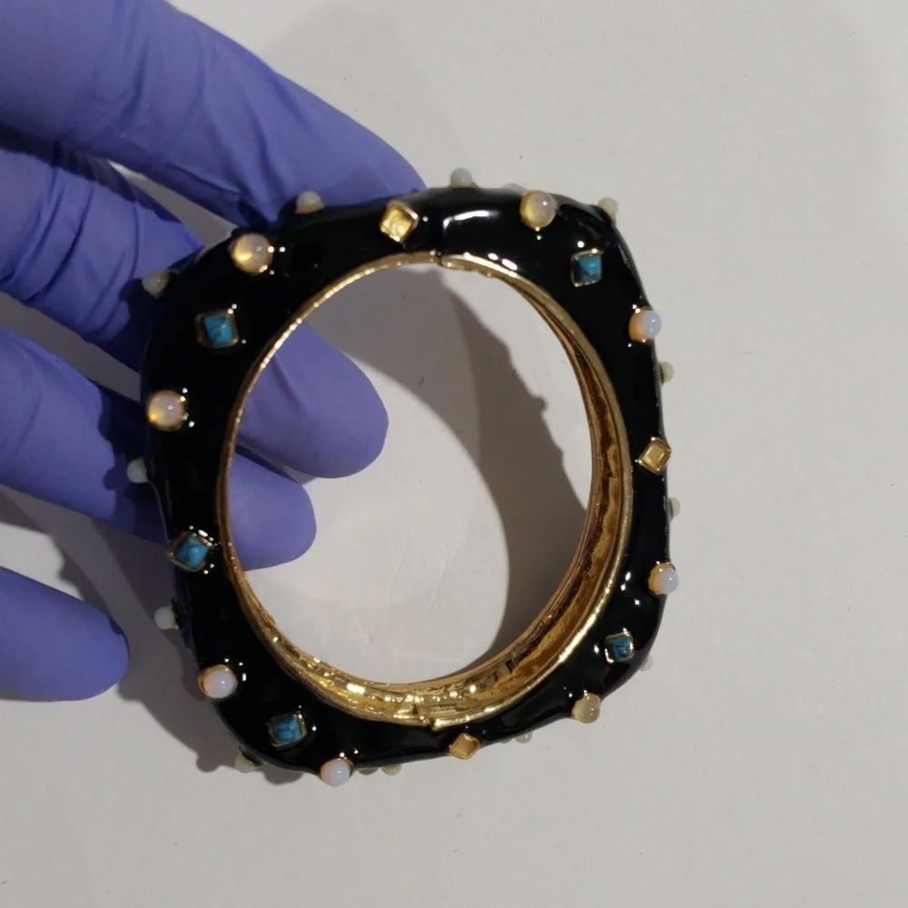 Gold tone Black Enamel Colorful Dainty Bangle Bracelet - Women's Fashion Jewelry